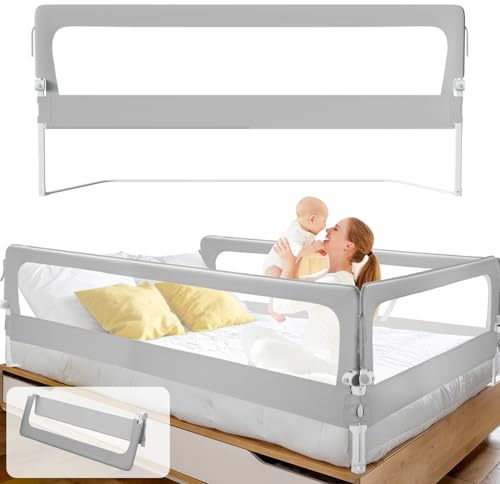 Fiqops 200 cm x 2 + 180 cm x 1 Barrera de cama abatible, protección contra caídas para cama de niños, barandilla de cama ajustable en altura de 72-86 cm con rieles laterales para camas con somier y