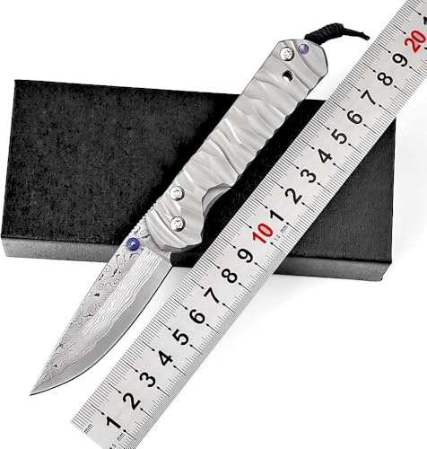Klappmesser 6.6 Damast Taschenmesser aus Titan Robust & Damaszener Damaststahl Premium, Kleines edc messer scharfes einhandmesser, Damaskus Geschmiedet Stahl Messer Outdoor Edc Survival Jagdmesser