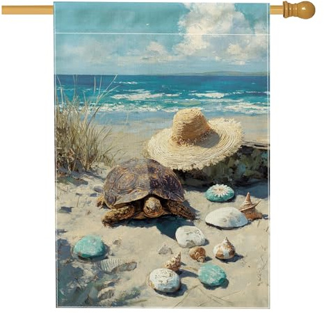 Sommer-Strand-Schildkröten-Muschel-Gartenflagge, Küstenozean-Strohhut, Heimdekoration, Banner, doppelseitig, Jute, Outdoor, Hof, Rasen, Dekoration, 71,1 x 101,6 cm
