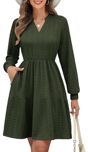 PASUDA Kleid Damen Elegant Langarm Ärmel V-Ausschnitt Kleider Casual Damen Kurze Freizeitkleider Frühling Herbst Herbstkleid Knielang Kurzkleid Minikleid Bequem A Linien mit Taschen (Armeegrün, L)
