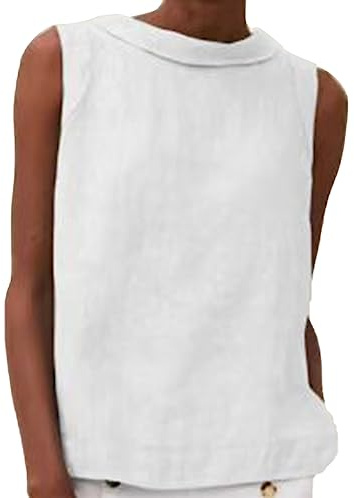 Cotton Shirts for Women UK, Summer Blouses for Women UK, Boat Neck Sleeveless Solid Color Cotton Linen Tank Tops Casual Fashion Dressy Tunic Tops Plus Size Oversized Baggy Loose White