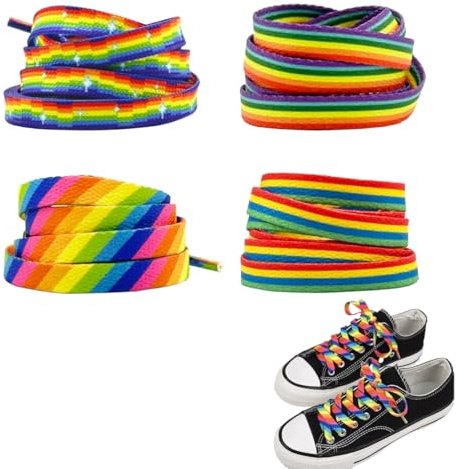 4 Par Platta Skosnören 120cm x 8mm Regnbåge, Färgglada Skosnören för Sneakers, Sportskor, Löparskor, Extra Skosnören