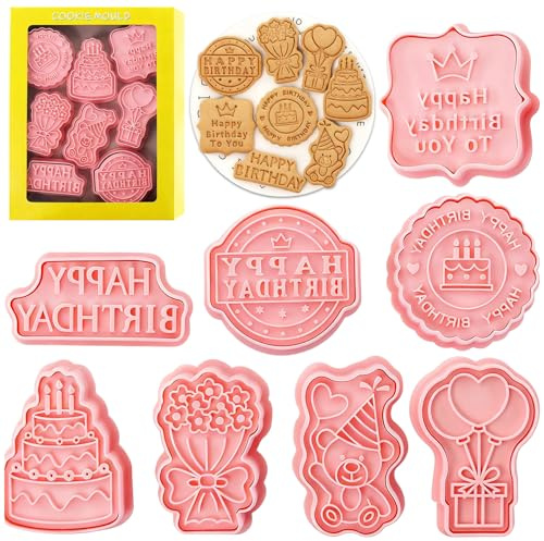 YeahBoom 8 Stück Ausstechformen Set,Geburtstag Keks Ausstecher Stempel,3D Cartoon Ausstechform,Cookie Cutter kinder,Ausstechformen Kinder,Ausstecher für Kinder DIY Cookie Fondant Schokoladen Plätzchen