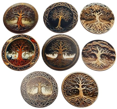 Durlo Lot de 8 sous-verres plats en bois 2D motif arbre de vie – (protection de table antidérapante, décoration d'intérieur et cadeau de pendaison de crémaillère)