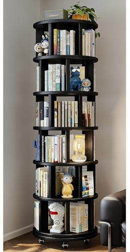 6-Etagen Drehregal, 360° Drehbares Bücherregal aus Massivholz, Platzsparendes Schmalregal für Wohnzimmer, Büro, Ecke, Schlafzimmer(Walnut)
