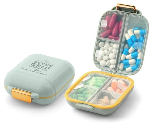 Fefod Pastillero de Viaje, Pastillero Diario para 7 Días con 7 Compartimentos, Pastillero de Viaje Portátil Dosificador de Comprimidos, Organizador de Medicamentos para Viajes y Uso Diario (Verde)