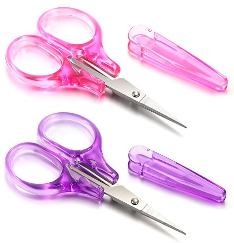 2 Stück Kinderschere Set, Kleine Schere Detail Handwerk Scheren Set mit Präzisen Edelstahlklingen, Papierschere für Bastelschere Erwachsene, Inklusive Schutzhülle (Lila, Pink)