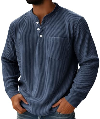 UHouse Henley Langarmshirt Herren Cord Shirt Langarm Sport Freizeit Longsleeve mit Knopfleiste Brusttasche Tshirt Männer Fischerhemd Baumwolle Longshirt Golfshirt Schlafanzugoberteile Marine XXL