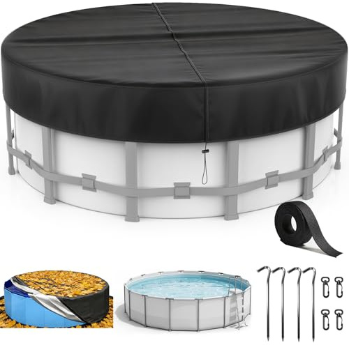Cubierta para Piscina Redonda Ø304, para Piscinas Ø260-302 cm, Lona para Piscina con Cordón y Estacas, Oxford Lona Piscina con Protección UV, Hermética al Polvo, para Piscinas Elevadas y Trampolines