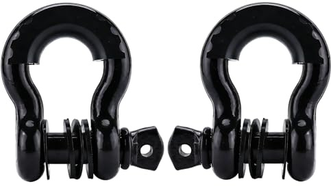 FreeTec 4,75t Schäkel Groß, 3/4 zoll Robuster Abschleppschäkel aus Verzinktem Stahl, 2 Stück D Ring Schäkel Kratzsicher Schaekel mit Gummi Schutzset Gewindestift für PKW 4x4 Offroad (Schwarz)