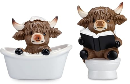 2 Stück Badezimmer Deko Ornamente, Highland Cow Muster Deko Badezimmer Modern, Lustige Dekofigur, Mobile Toilette Ornamente für Bad & Gäste WC, Niedlich Highland Cow Geschenk(Badewanne + Toilette)