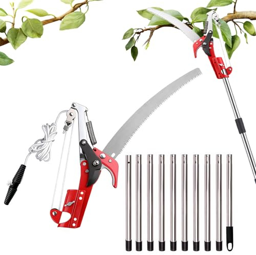 Grensax teleskop 82–410 cm med grensåg, 2-i-1 högknapp, manuell med kabeldragning, teleskophandtag i rostfritt stål, trädsax och trädgårdssåg för höga grenar, fruktträd, trädgård, buskar
