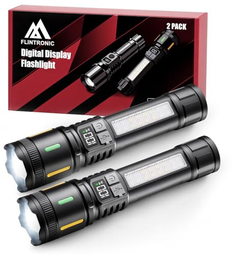flintronic Lampe Torche LED Ultra Puissante, 2PCS Lampes de Poche avec feux latéraux COB, 5 Modes Étanche Anti-Choc, Zoomable Lumineux Lampe Torche LED pour Extérieur Camping Randonnée Urgence