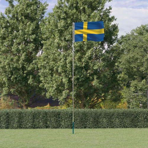 Set Bandiera Svezia 90x150cm con Asta Telescopica 5,5m Alluminio Argento, Bandiera Nazionale in Poliestere 68D con Occhielli Ottone, Manicotto a Terra e Anelli