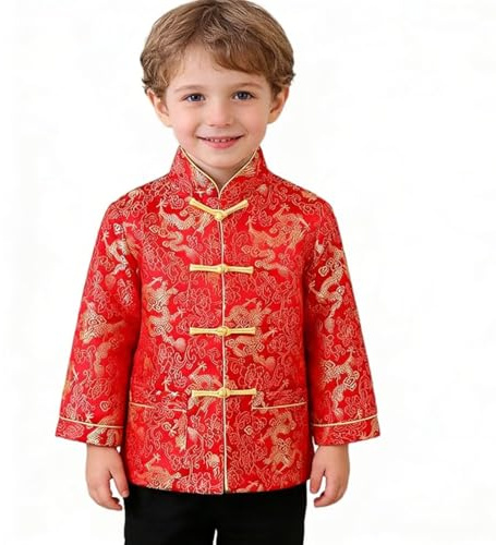 Little Boys Dragon Tang Coat Long Sleeve Chinese Clothing Children Costumes Boy Jackets Outfit Tops (Red, 10)
