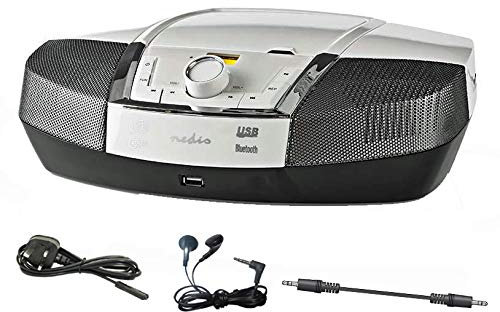 12 watt Portable COMPACT CD PLAYER Stereo Boombox, Built in Speakers, Headphone Socket. USB Port, FM Radio, Bluetooth & AUX In (Music, Internet Radio: Smart Phone, Tablet, etc) Electric/Battery, White