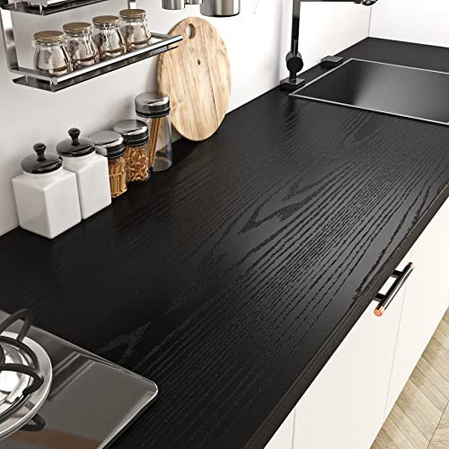 Livelynine Rotolo di plastica nera adesiva nera da 40 cm x 5 m, carta da parati autoadesiva per bancone della cucina, effetto legno, per mobili, piani di lavoro, armadi, carta da contatto per bagno