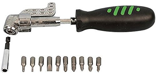 12teiliges 3WegeWinkelschraubendreherSet enthält 1 Winkelkopf, BitAdapter, 1 Griff, Bits der Größe Kreuzschlitz Nr. 1 und Nr. 2, Pozi Nr. 1, 2, 3, Schlitz 4 und 7 mm, Torx Nr. 10, 15, 20, Sets