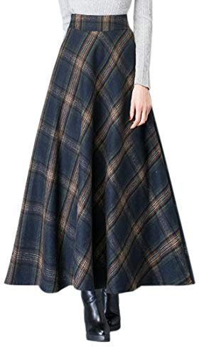 Cicilin Falda para mujer de lana con cuadros tartán, falda larga evasé, estilo retro, cintura alta, línea A, plisada, cálida, para otoño-invierno, azul marino, XL