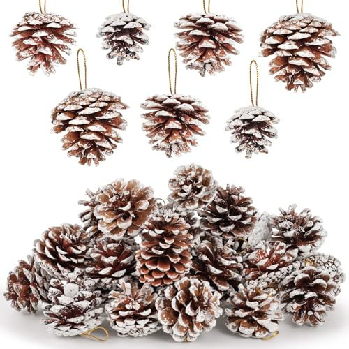 JOHOUSE 24PCS Snow-Dusted Natural Pine Cones with Gold String – 2-2.5in Pinecone for Crafts, Thanksgiving & Christmas Tree, Wreath/Garland DIY, Table/Bowl/Vase Fillers, Fall Winter Home Decor