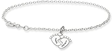 LaraZeidler Berlin Personalisiertes Armband 925 Silber mit Babyfuß Anhänger als Namenskette, Gravur von Namen oder Datum auf den Baby Füßen