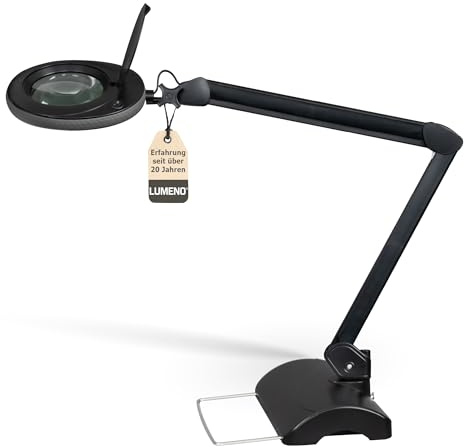 Lumeno LED Lupenleuchte 7218SW Lupenlampe mit 127 mm Echtglaslinse, Arbeitsplatzlampe, Kosmetiklampe, geeignet für Kosmetik, Bastler, Lesehilfe Vergrößerungslampe, 8 Dioptrien Schwarz mit Tischstativ