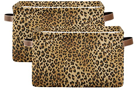 TropicalLife Cheetah Leopard Print Storage Basket Bin Vintage Animal Skin Large Fabric Storage Cube Box w/ Handle Collapsible Shelf Closet Basket Toy OrganizerNursery Bathroom 2 Pack, Multicolour