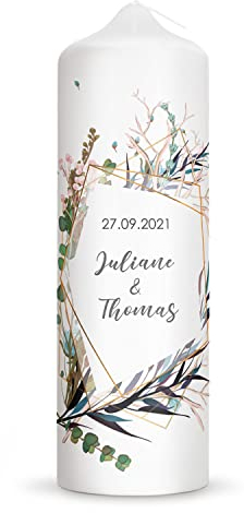 GRAVURZEILE Bedruckte Kerze - Flower Polygon Design - Personalisiert mit Namen, Datum & Wunschtext - Geschenk zur Hochzeit an das Brautpaar - Traukerze Stumpenkerze 8 cm x 25 cm (Ø/H) - Weiß