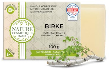 Nature Cosmétique® Basic Hand- & Körperseife BIRKE (krautig, frisch) – handgemachte Naturseife, feuchtigkeitsspendend & ausgleichend, Mischhaut & empfindliche Haut, vegan, plastikfrei – Feste Seife