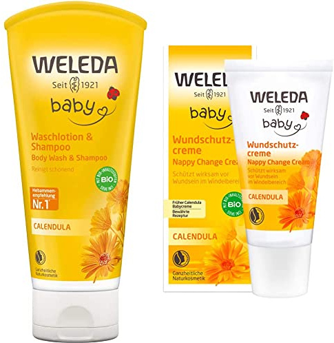 WELEDA Bio Calendula Waschlotion & Shampoo (200ml) & Wundschutzcreme (30ml) - Naturkosmetik für Empfindliche Babyhaut im Windelbereich