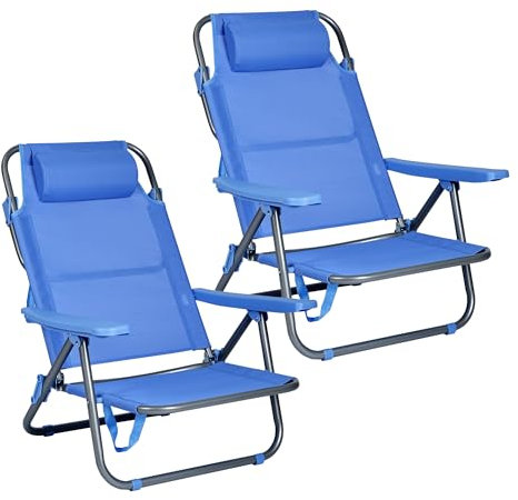 Pack de 2 Sillas de Playa Reclinables Plegables con Reposacabezas | Sillas Portátiles para Jardín, Camping, Piscina, Terraza | Estructura de Aluminio Ligera y Tela Transpirable Resistente