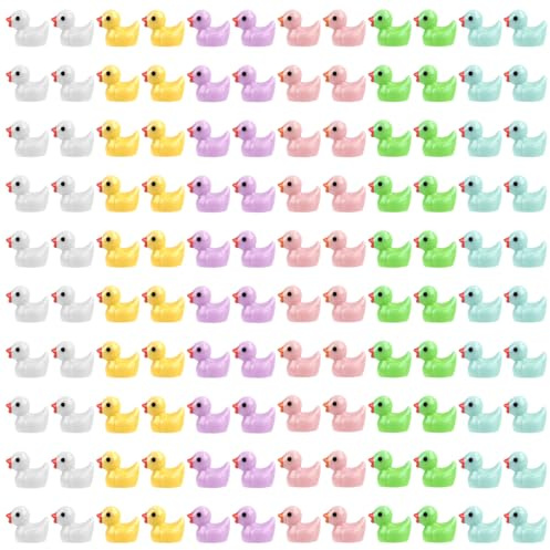 FIHODONE 120 Stück Mini Enten Bunten,Kleine Enten Resin,6 Farben Ente Minifiguren,Mini Badeenten Deko,Duck Mini Figuren für DIY Aquarium, Garten,Puppenhaus