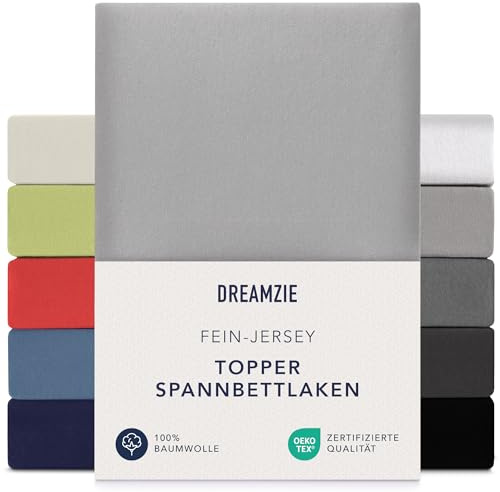 Dreamzie Premium Topper Spannbettlaken 180x200 cm - 200x200 cm - extra niedriger Seitenhöhe - für Topper - Topperauflage - Spannbetttuch Jersey Baumwolle, 150 g/m² - Oeko-TEX - Grau