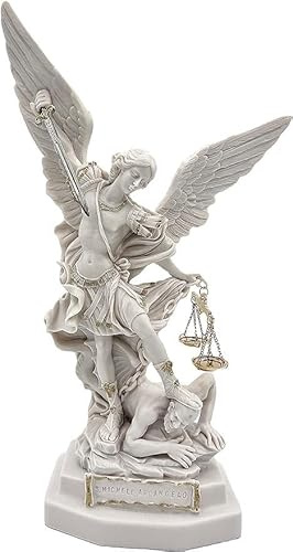 OVUNQUE PROTEGGIMI Statua di San Michele Arcangelo in polvere di marmo bianco, Con spada e bilancino (33 cm)