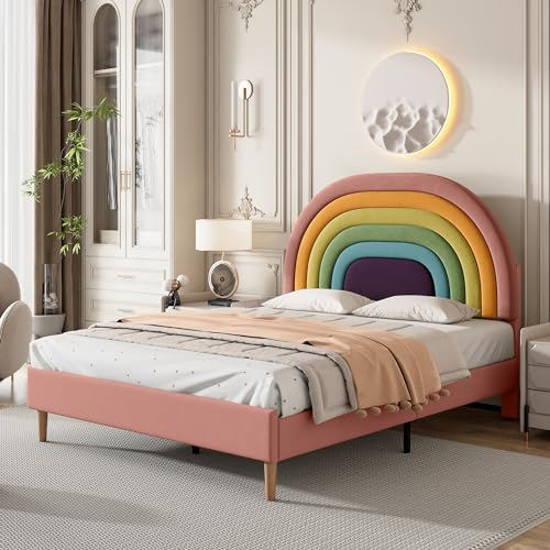 Kinderbett Polsterbett 140x200, Bettgestell mit verstellbares Regenbogen-Kopfteil und Lattenrost, Doppelbett Rückenlehne Bett Jugendbett Gästebett Bettrahmen für Erwachsene Jugendliche, Samt, Rosa