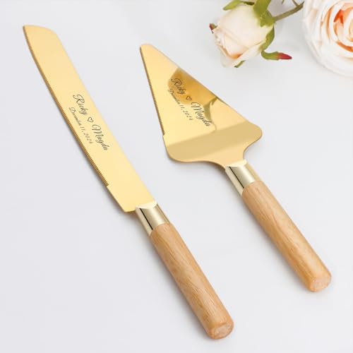 Bröllopstårta Kniv och Serverset, Tårtspade och Serveringsset, Tårta Skärset i Rostfritt Stål, Tårta Kniv för Bröllop och Server, Kakkniv och Serverset Bröllop, Födelsedagar, Fester (Guld Ek)