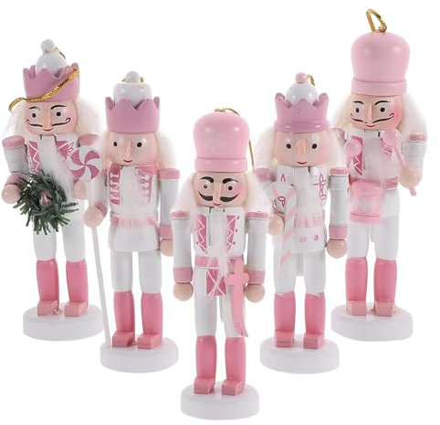 CARMELIT 5 figuras de soldado de madera de cascanueces de Navidad rosa, adornos tradicionales para decoración de estantes y mesas