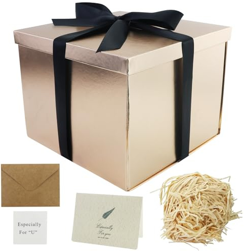 1 Stk. tiefe Geschenkschachtel mit Schleife, Geschenkschachtel mit Deckel, Geburtstagsgeschenkschachtel mit Grußkartenset und helles Champagner Raffia für Geburtstag, Weihnachten (Rose