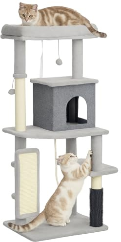 PawHut Kratzbaum mit Katzenhöhle, Bett für Katzen bis 6 kg 132 cm Hellgrau | Mehrstöckiger Katzenbaum, Sisal-Kratzsäulen, Kratzbrett, Plüschbälle, Katzenkratzbaum, Katzenmöbel