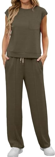 GRECERELLE Conjunto de verano de manga corta para mujer, set completo para mujer, informal, cuello redondo, mangas de murciélago y pantalones de jogging con bolsillos, L