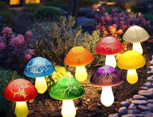 Wowlela Mushroom Solar Lights Outdoor Garden, 8 Lighting Modes Waterproof Cracked Mushroom Solar Stake Lights,Colorful Mushroom Pathway Lighting for Garden Patio Yard Fence Decor