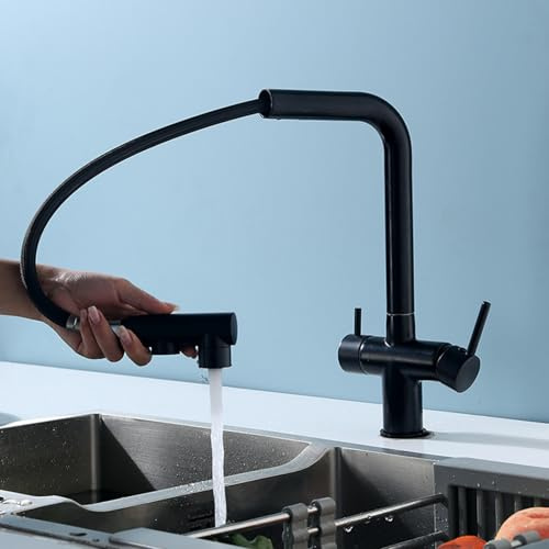 3 Way Kitchen Tap with Pull Out Spray, Kitchen Sink Tap Brass Kitchen Tap Pure Water Hot and Cold Water Rotating Kitchen Sink Mixer Tap 3 Way-Black