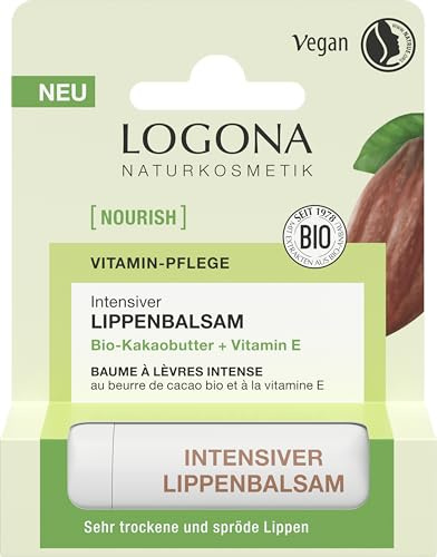 LOGONA Naturkosmetik NOURISH Baume à lèvres intense au beurre de cacao bio - 4,6 g - Avec vitamine E et beurre de cacao bio - Vegan et ingrédients naturels - Pour lèvres très sèches et cassantes