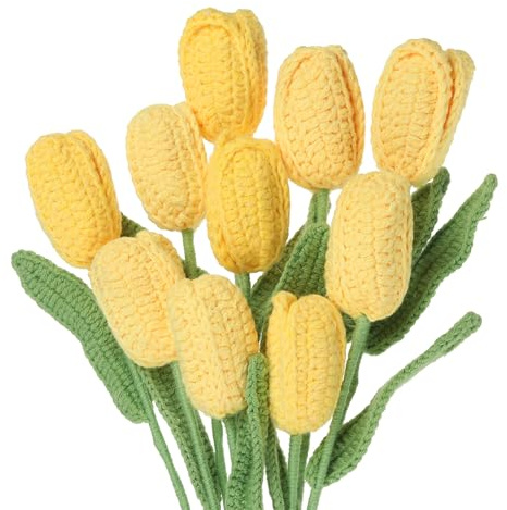 sourcing map Tulip Crochet Flowers, Artificial Knitted Tulip Flower Completed Handmade Tulips Bouquet for Gift Home Birthday Wedding Decoration, Yellow Pack of 10