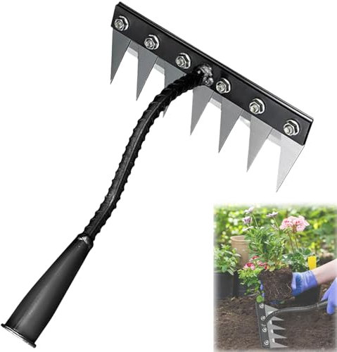 Rastrillo de acero al carbono para jardín, rastrillo de hierro para jardinería y deshierbe, dientes de acero al carbono, rastrillos de deshierbe de jardín, para jardines, césped trasero (7 dientes)