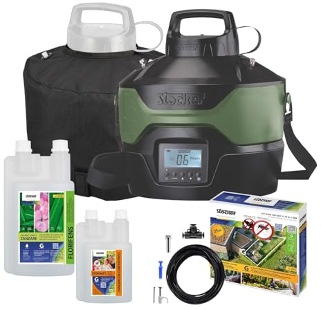 STOCKER – Kit Nebulizzatore Geyser 4L con Timer e Pompa Automatica, Batteria 12V, Copertura di 40 m² estendibile, Sistema Antizanzare con 250 ml Zanzaricida e 1 L Disabituante