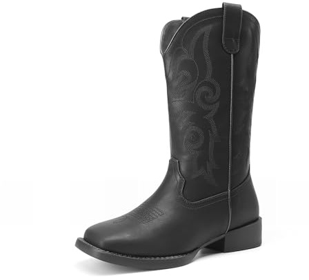 DREAM PAIRS Cowgirl-stövlar för kvinnor, broderade, fyrkantig tå, mitten av vaden västernstövlar modeklänning, tjocka lågklackade skor för temafest, landskonsert, Helt svart, 38.5 EU