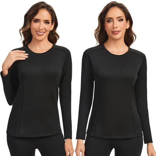 AMZSPORT Mujer Camiseta Térmica Interior de Manga Larga Invierno Ropa Térmica con Escote T-Shirt y Mangas Cálidas Negro 2 Conjuntos M