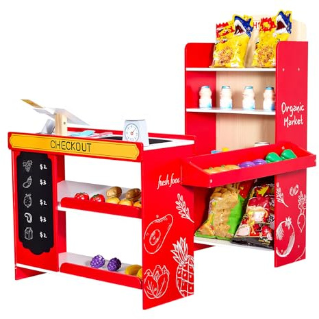 VEVOR Set da Gioco per Bambini, Giocattolo Educativo in Legno con Borsa della Spesa, Set di Giocattoli per Bambini con Nastro Trasportatore, Scanner, Registratore di Cassa, Scala Realistica