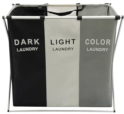 Cesto para la colada con 3 compartimentos, plegable, con bolsillo interior extraíble, marco de metal, sistema de clasificación de ropa, 138 L, 65,5 x 39,5 x 60 cm